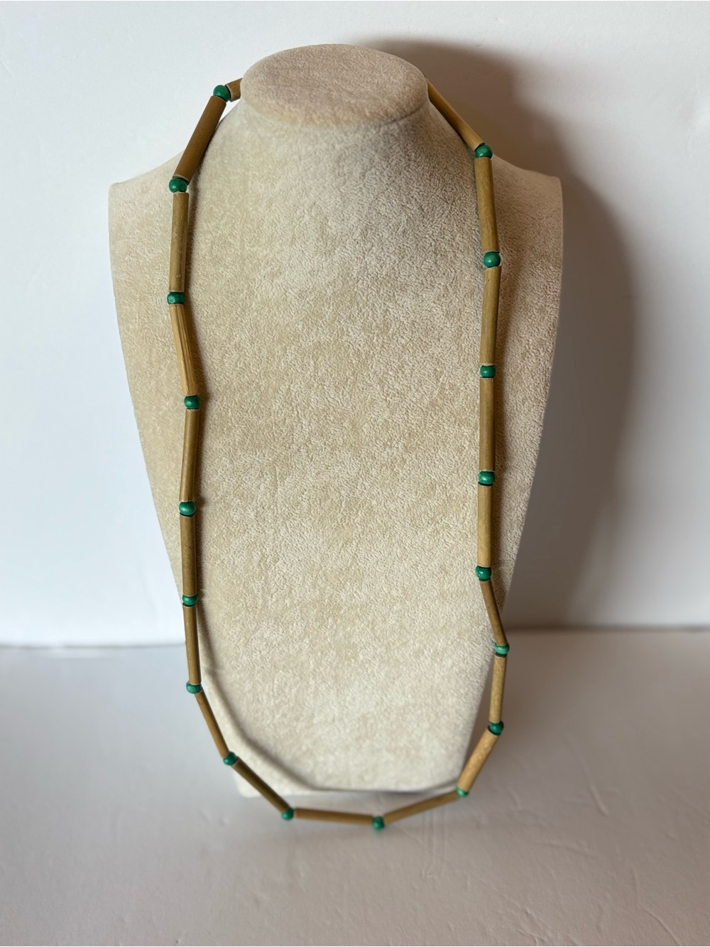 Vintage Bamboo Tube Necklace Green Seed Beads Boho Long Necklace